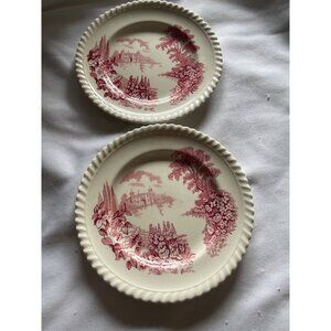 Johnson Bros England Castle On The Lake Plates Set Of 2 Red Transferware Vintage